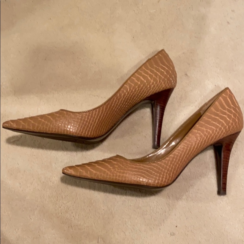 Lauren Ralph Lauren Tan Croc-Embossed Pointed Toe Heels
